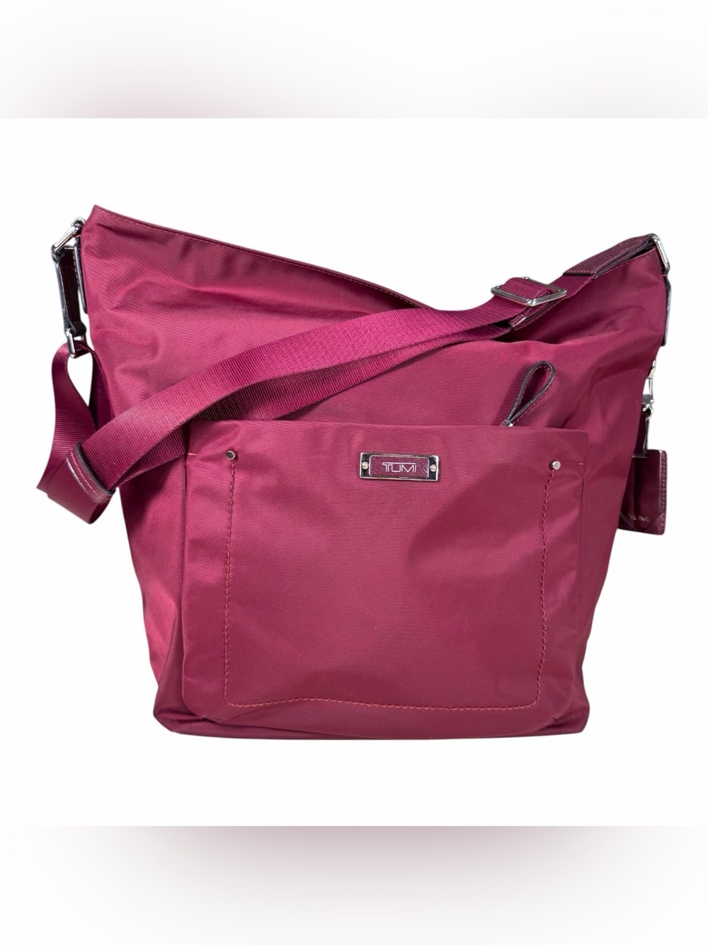 Tumi Voyager Plum Nylon Shoulder Bag, Leather Trim, 6 Pockets,Adjustable Strap - Picture 1 of 12